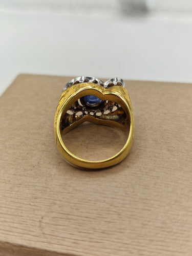 Bague 54 Bague cocktail vintage cabochon en or blanc et jaune, saphir et diamants 58 Facettes