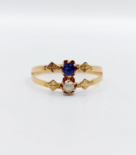 Bague 57 Bague toi et moi antique en or rose 18k perle et pierre bleue 58 Facettes A06504