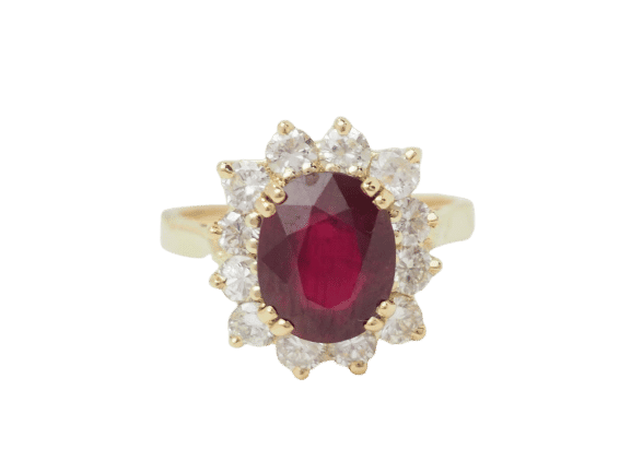 Bague 54 Bague entourage en or jaune, rubis et diamants 58 Facettes F5046