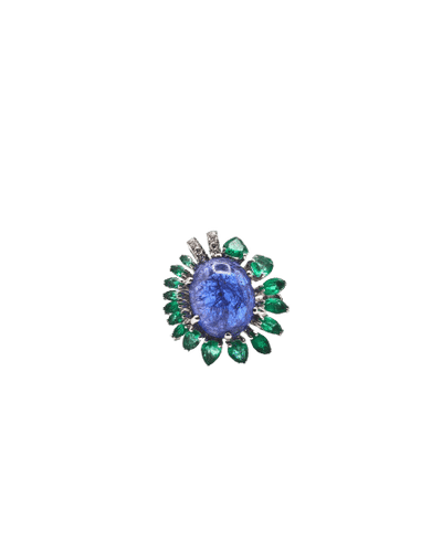 Bague Bague cocktail tanzanite cabochon, émeraudes et diamants en or blanc 18k 58 Facettes 21003769