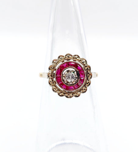 Bague fleur Art déco en or rose 18k et diamant, rubis synthétiques