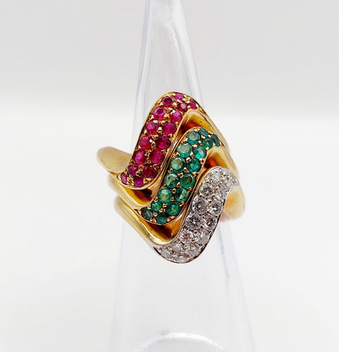 Bague 49 Trilogie de Bagues jonc vintage or ornée d'un pavé diamants, émeraude et rubis 58 Facettes A04056-7-8