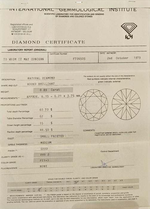 Gemstone Diamant non serti 0,89 carat F VVS2 58 Facettes F706505	0.89