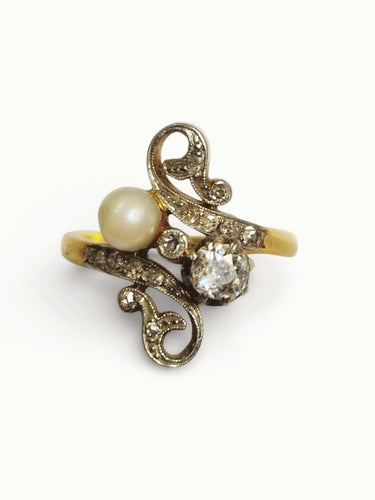 Bague 53 Bague Art Nouveau perle et diamants taille ancienne en or jaune 18k 58 Facettes