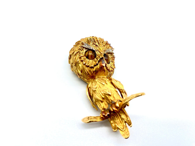 Broche Broche chouette en or jaune 18k avec diamants et oeil de tigre 58 Facettes BO/250337