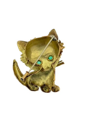 Broche Broche italienne rétro en forme de chat en or rose, blanc et jaune avec émeraudes 58 Facettes