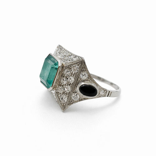 Bague 58 Bague en or blanc ornée d'émeraude et de diamants – Style Art déco vintage 58 Facettes 50378