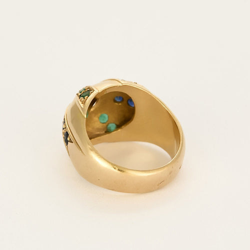 Bague 57 Bague dôme en or jaune, diamant, émeraudes, rubis et saphirs 58 Facettes B250518