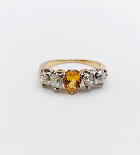 Bague jarretière antique en or rose 18k et platine, citrine et diamants