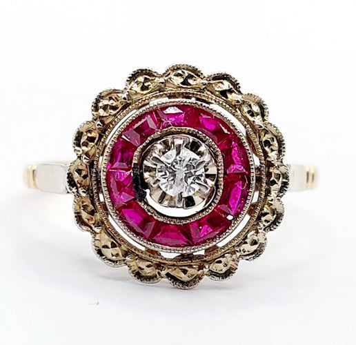 Bague fleur Art déco en or rose 18k et diamant, rubis synthétiques