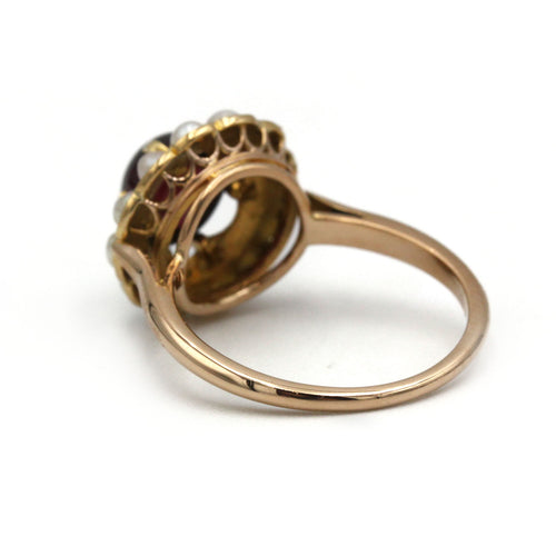Bague - Or jaune, grenat et perles