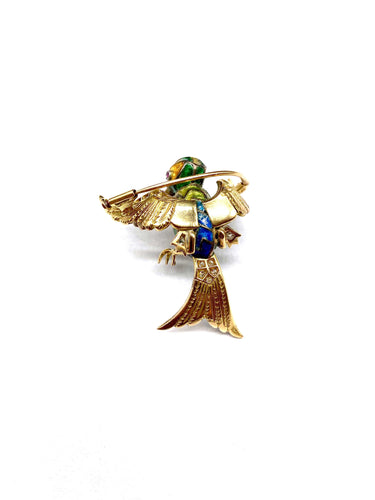 Broche Broche oiseau en or jaune 18K et platine, diamants, rubis, émail 58 Facettes 250002