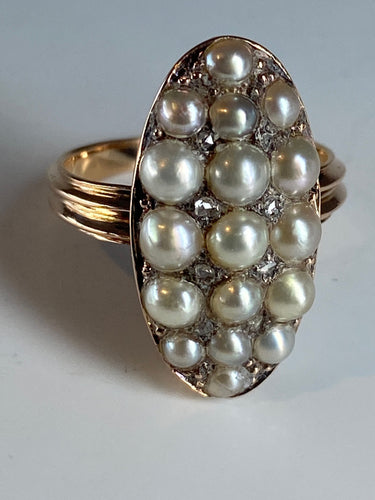 Bague marquise perles fines, diamants