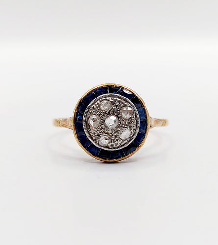 Bague 59 Bague cible Art déco en or 18k, diamants et saphirs synthétiques 58 Facettes A06447