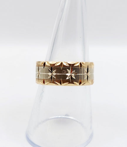 Bague 56 Large bague jonc alliance or rose et gris ciselée de motifs étoilés 58 Facettes A05173