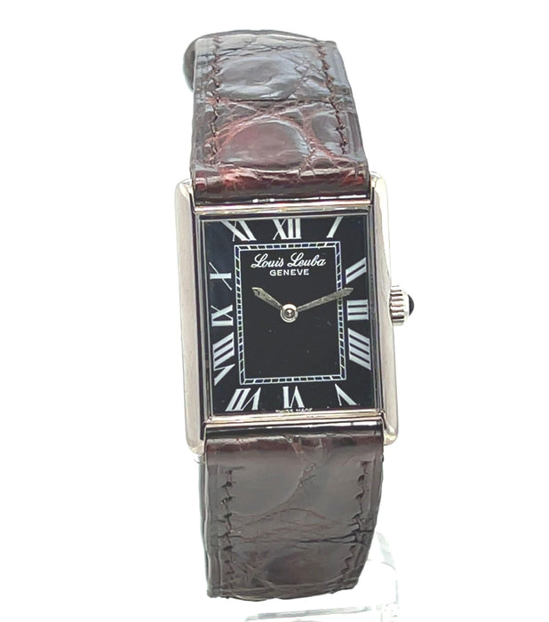 Montre vintage Louis Leuba avec chiffres romains et bracelet en cuir marron