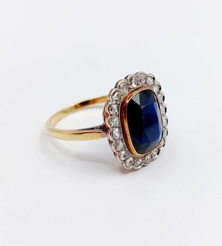 Bague pompadour art deco or 18k pierre bleue et diamant taille rose (circa 1900)