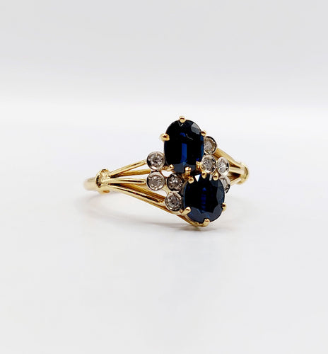 Bague vintage toi et moi or jaune 18k saphirs et diamants
