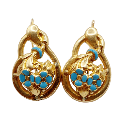 Dormeuses victorienne or 18k fleurs et émail bleu (circa 1890)