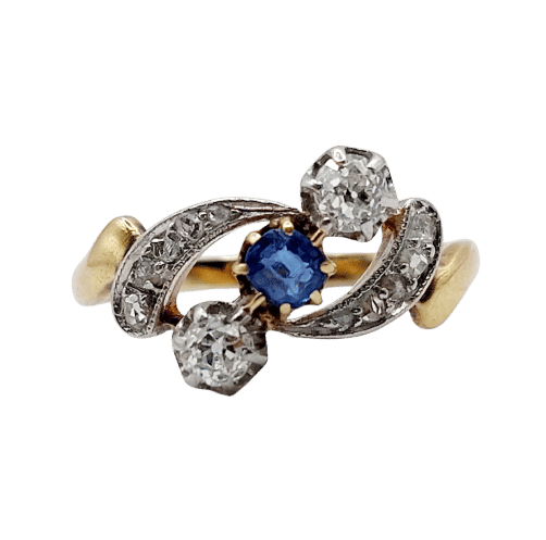 Bague 56 Bague antique diamants taille ancienne et saphir en or 18k et platine 58 Facettes A06535