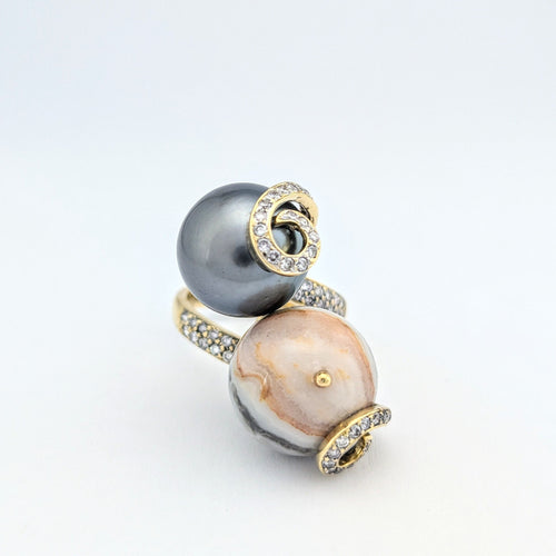 Bague Bague cocktail en or jaune perle grise de Tahiti et agate 58 Facettes 32034