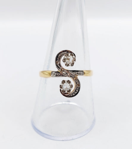 Bague 58.5 Bague marquise antique toi et moi en or 18k et platine, diamants taille roses 58 Facettes A06514