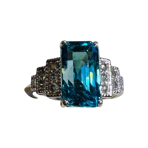 Bague 54 Bague or blanc Zyrcon Bleu naturel 4.60 carats  et diamants 58 Facettes 7849 A