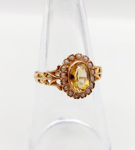 Bague marguerite antique citrine et perles en or rose 18k (circa 1900)