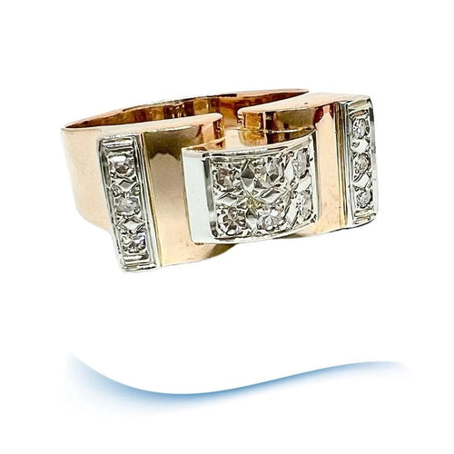 Bague Bague Tank ancienne "pont à livre ouvert "des années 40-50 Diamants Or 18 K 58 Facettes AA 1700