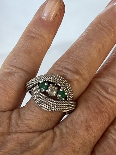 Bague Fils d'Or Jaune Torsadés Diamant Emeraudes