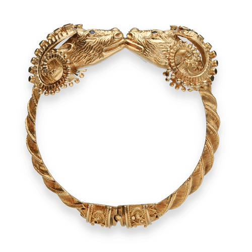 Bracelet Bracelet jonc Zolotas "Têtes de Bélier" en or jaune 18K avec émeraudes, saphirs et rubis – 73,30 g 58 Facettes