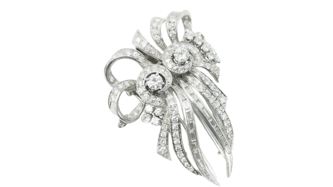 Broche Art déco double clips en or blanc et platine, diamants