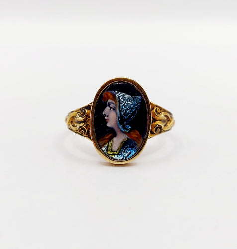 Bague 56.5 Bague Art nouveau Limoges en or 18k, plaque émaillée profil féminin circa 1910 58 Facettes A06400