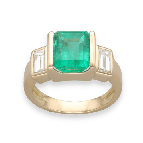 Bague 50-51 Bague en or jaune 18K avec emeraude de Colombie 2,88 cts et diamants baguette - Certificat Carat Gem Lab - Taille ajustable 58 Facettes FB09851