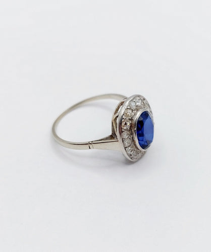 Bague 56 Bague pompadour or blanc et platine, saphir, diamants taille rose (circa 1910) 58 Facettes A04541