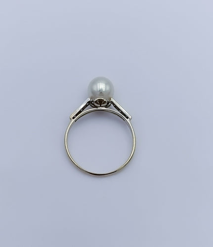 Bague 55 Bague vintage - Bague en or gris 18k, perle de culture et diamants 58 Facettes
