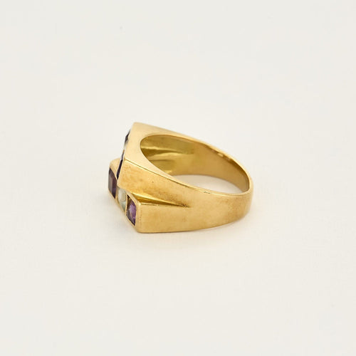 Bague 57,5 Bague moderniste en or jaune, améthyste et aigue-marine 58 Facettes SOI3467X2