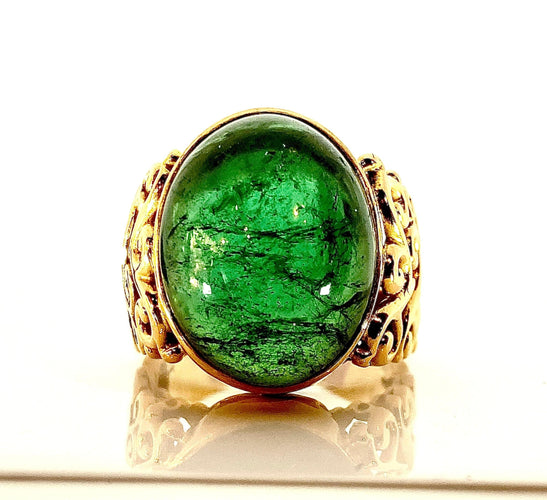 Bague 57 Bague en or jaune ornée tourmaline verte cabochon 58 Facettes AB314