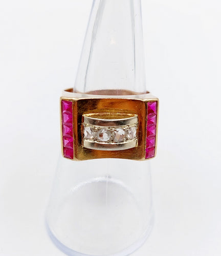 Bague 52 Bague tank Art déco en or rose 18k avec diamants et rubis synthétiques 58 Facettes A06536