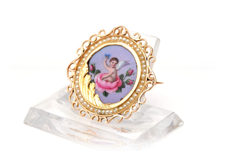 Broche Broche Napoléon III en or jaune 18 carats sertie d'émail et de perles 58 Facettes B750