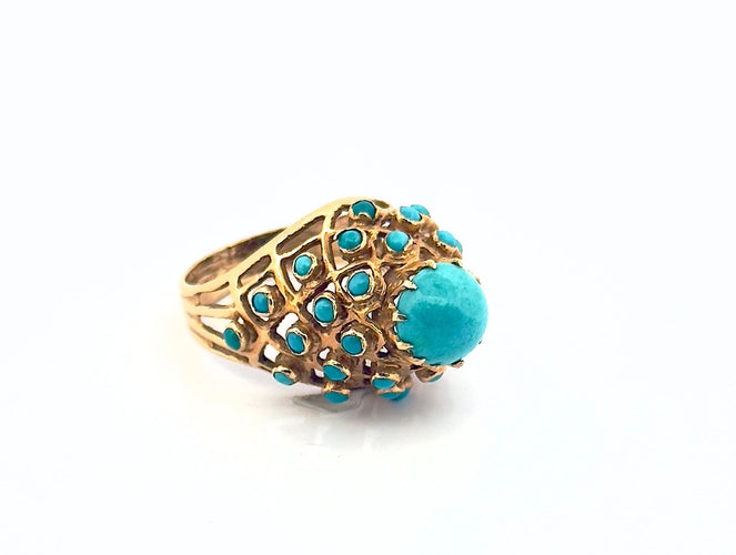 Bague ancienne en or jaune et turquoises