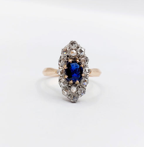 Bague 47 Bague marquise antique or rose 18k saphir synthétique taille coussin et diamants taille roses (circa 1900) 58 Facettes A05612