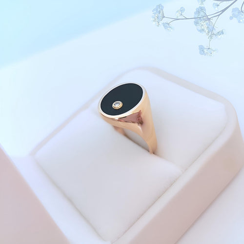 Bague 58.5 Bague Chevalière Mixte Onyx Noir et Diamant en or jaune 18 K 58 Facettes AA 1743