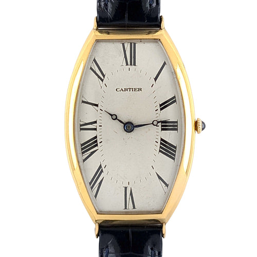 Montre Cartier Tonneau EXTREMELY RARE Cartier Tonneau Historic Piece Circa 1920 Cintree Curved 18k Gold with Gold Buckle + Box 58 Facettes