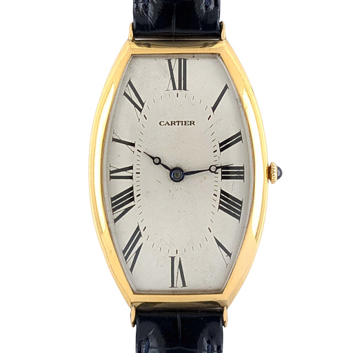 Montre Cartier Tonneau EXTREMELY RARE Cartier Tonneau Historic Piece Circa 1920 Cintree Curved 18k Gold with Gold Buckle + Box 58 Facettes