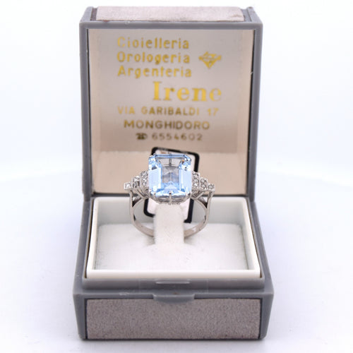 Bague 56 Bague Art Déco en or blanc avec aigue-marine et diamants 58 Facettes