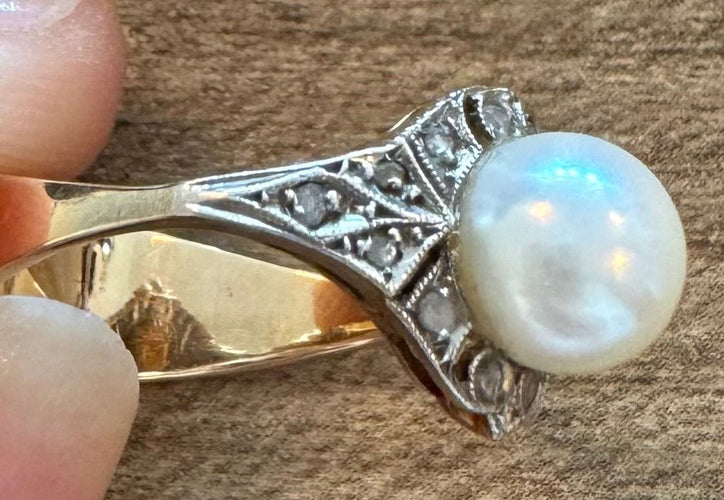Bague 52 Bague ancienne or, perle fine, diamants 58 Facettes
