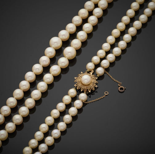 Collier Collier double rangs 132 perles de culture fermoir fleur en or jaune 58 Facettes