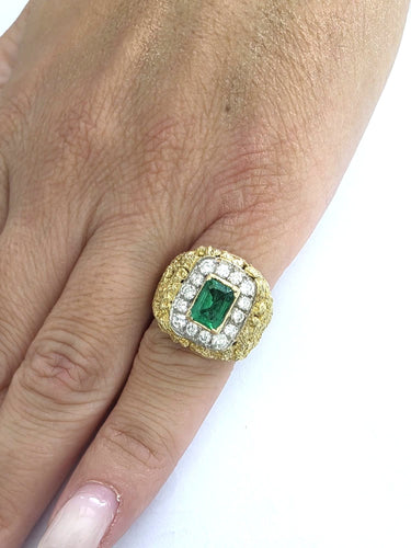 Bague 48 Superbe bague vintage en or jaune massif avec émeraude et diamants 58 Facettes