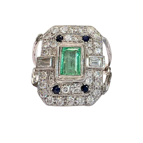 Bague 56 Bague en platine de style Art Déco avec diamants, saphirs et émeraude 58 Facettes Q72B (923)